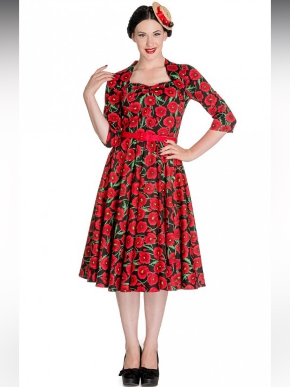 Hell Bunny Vixen Red Poppy 50’s Print Fit-and-Flare Midi Dress *no belt*